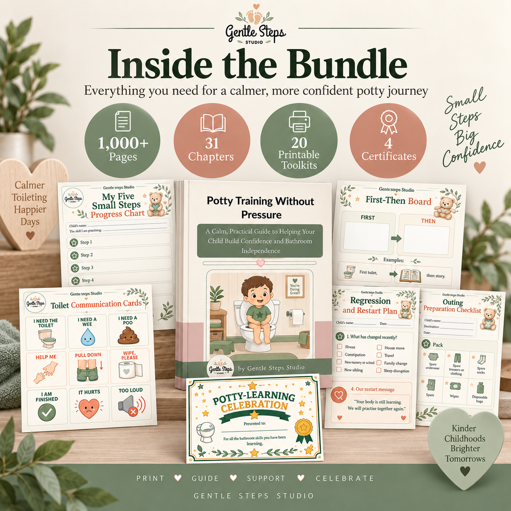 Promotional collage for a potty training bundle titled "Inside the Bundle" by Gentle Steps Studio, showing multiple printed worksheets, cards, and a central guide cover on a soft beige background with decorative leaves and wood accents.