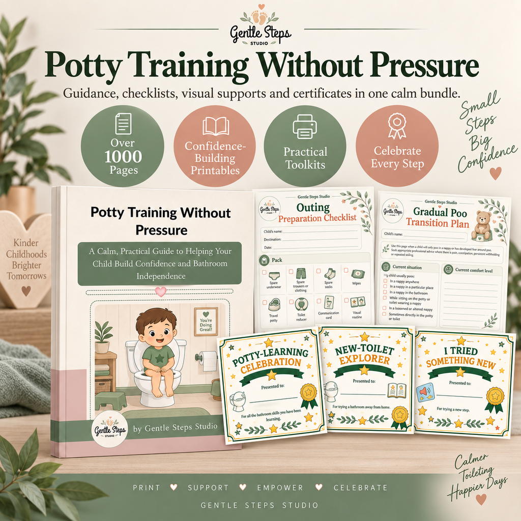 A promotional graphic for a printable potty training guide bundle by Gentle Steps Studio. The main item is a pink and white book cover titled 'Potty Training Without Pressure,' with several sample printable sheets and cards shown in front, including an outing preparation checklist, a new-toilet celebration card, and a transition plan card.