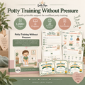 Potty Training Without Pressure printable guide set by Gentle Steps Studio, featuring a main guide book, progress chart, communication cards, first-then-board tracker, outing tracker, and milestone cards, displayed on a soft beige background with decorative leaves and icons indicating 1,000+ pages, 31 chapters, 20 printable tools, and 4 certificates.