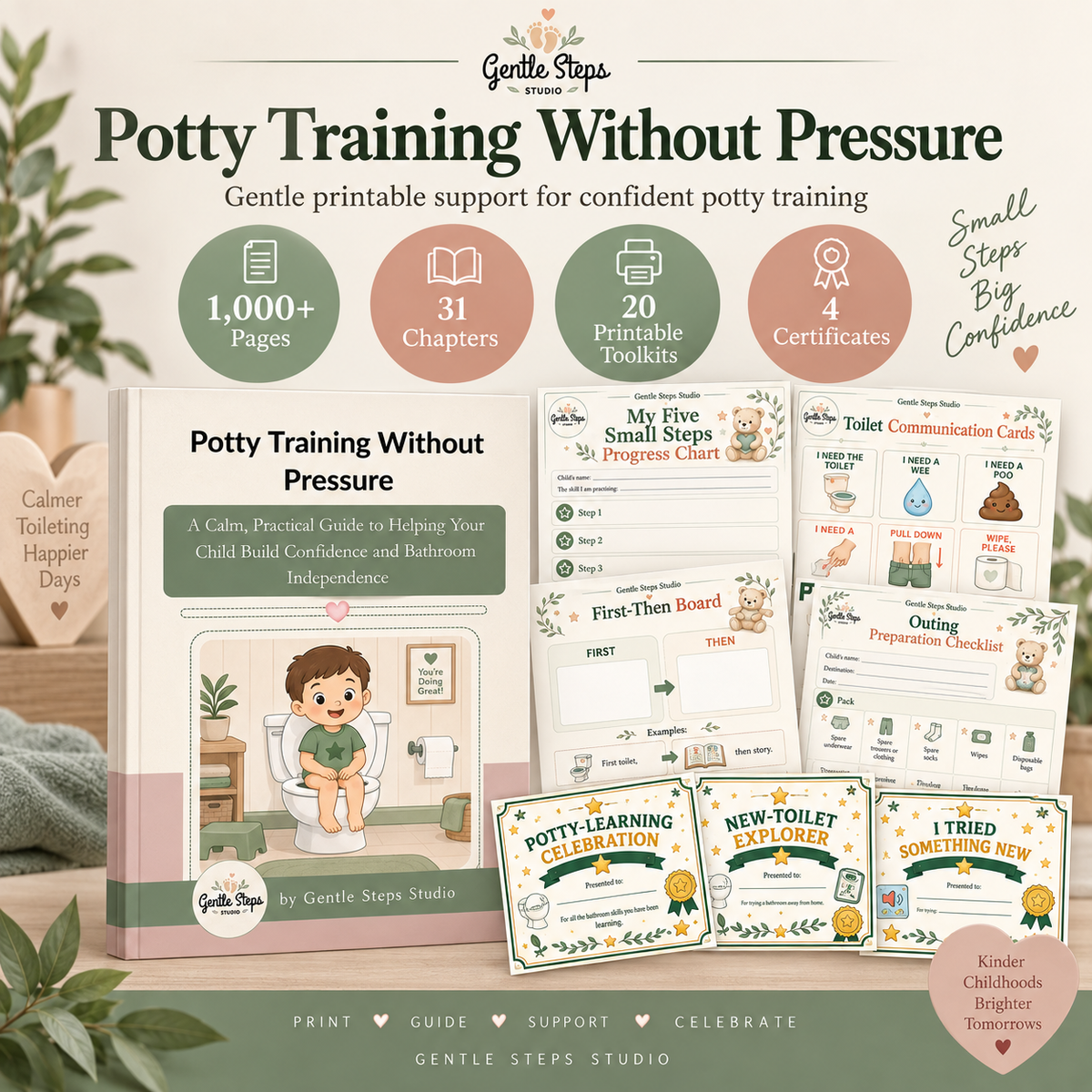Potty Training Without Pressure printable guide set by Gentle Steps Studio, featuring a main guide book, progress chart, communication cards, first-then-board tracker, outing tracker, and milestone cards, displayed on a soft beige background with decorative leaves and icons indicating 1,000+ pages, 31 chapters, 20 printable tools, and 4 certificates.