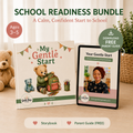 School readiness bundle with 'My Gentle Start' book and digital parent guide on a wooden surface.
