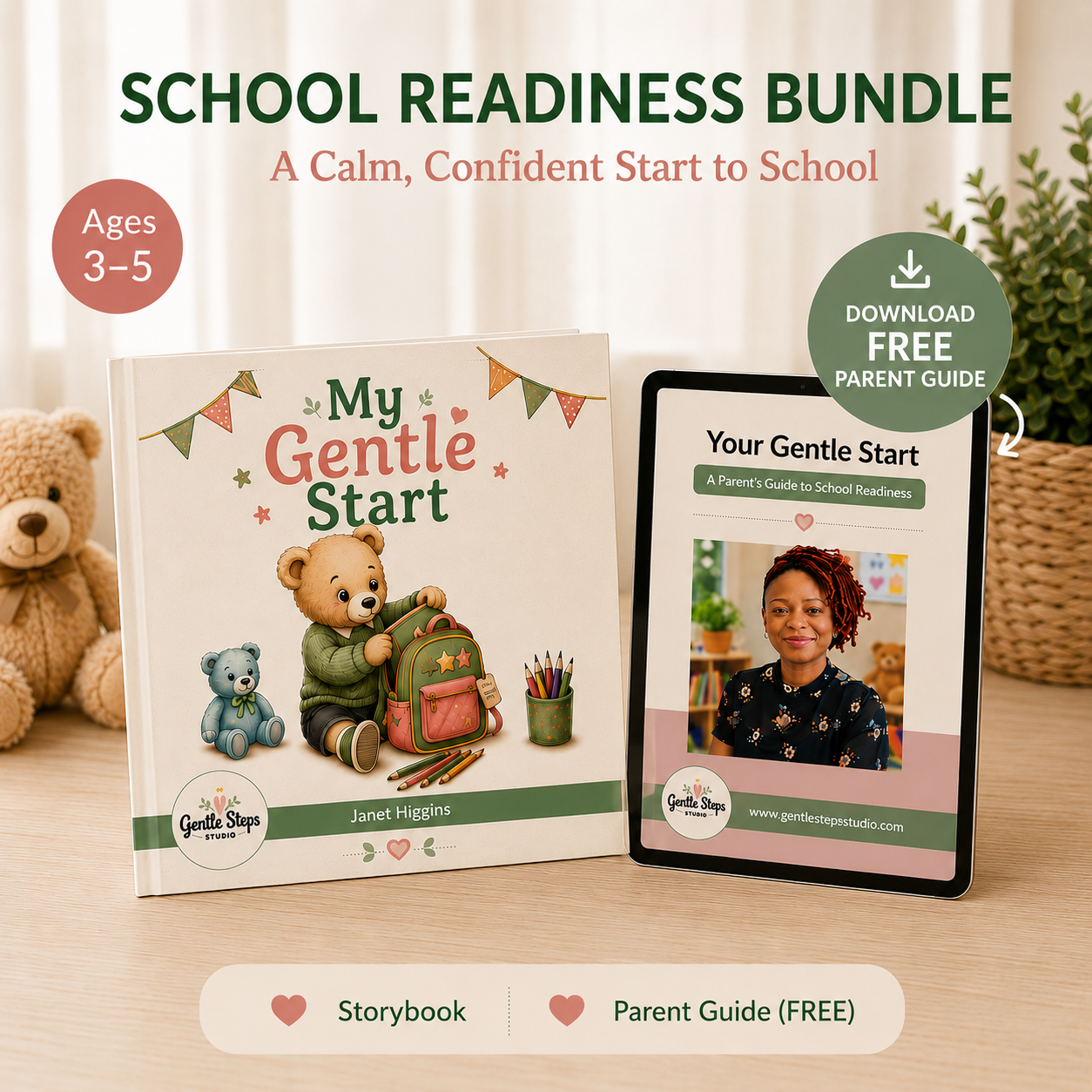School readiness bundle with 'My Gentle Start' book and digital parent guide on a wooden surface.