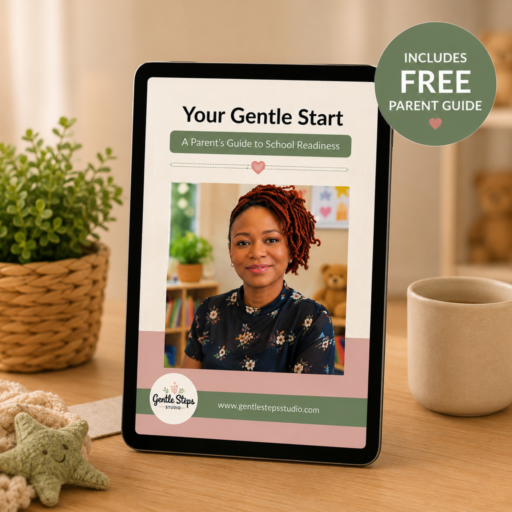 Tablet displaying 'Your Gentle Start' guide on a wooden table with a cozy background.