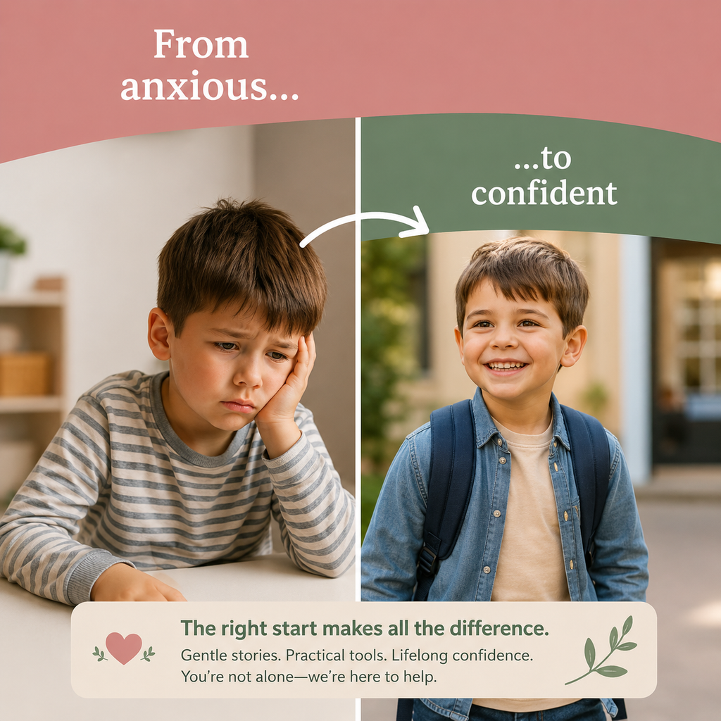 Before and after comparison of a child's transformation from anxious to confident, with text about support and resources.